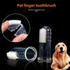 A clear silicone finger toothbrush for pets is shown being used on a paw, next to the packaged brush.