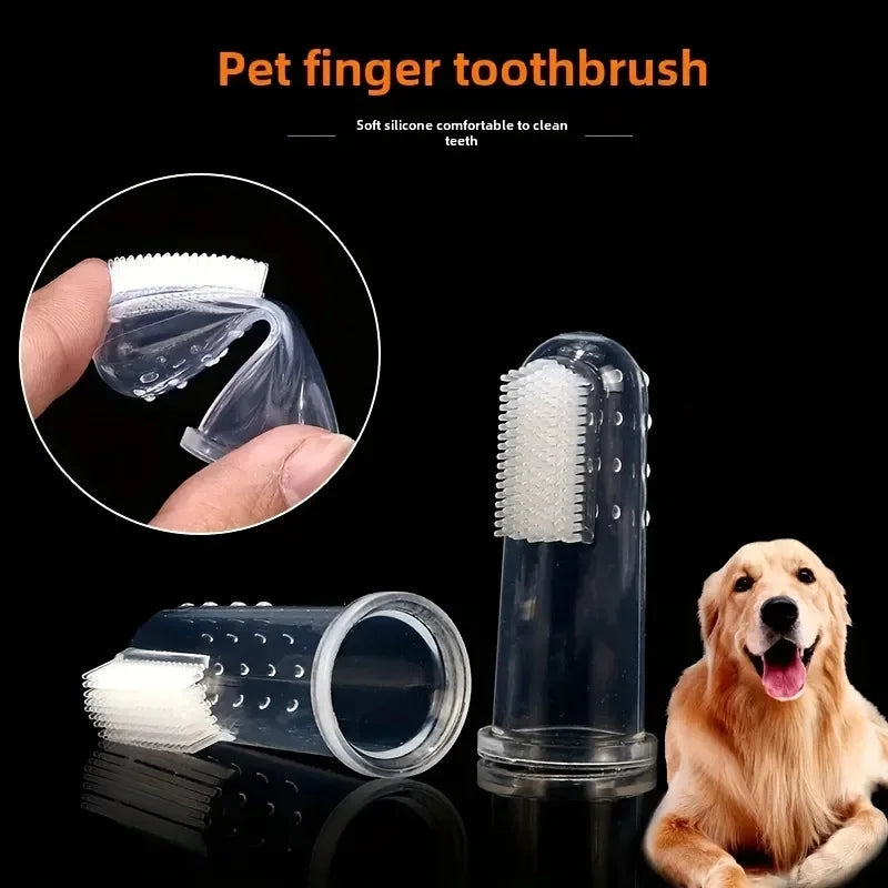 A clear silicone finger toothbrush for pets is shown being used on a paw, next to the packaged brush.