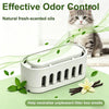 A white deodorizer device with leaves and cinnamon sticks is shown next to a kitten, designed to help neutralize unpleasant l