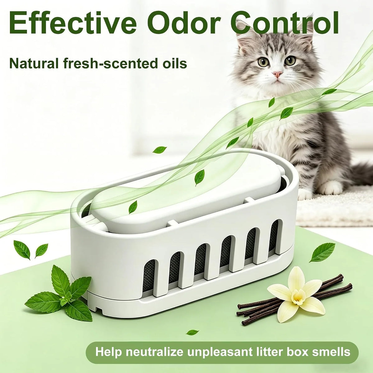 A white deodorizer device with leaves and cinnamon sticks is shown next to a kitten, designed to help neutralize unpleasant l