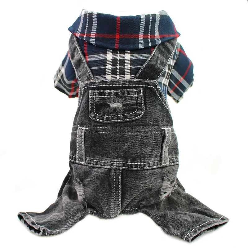 A plaid denim jumpsuit for a small dog with a collar and pocket.