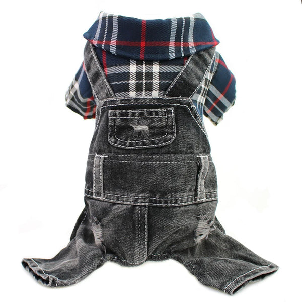 A plaid denim jumpsuit for a small dog with a collar and pocket.