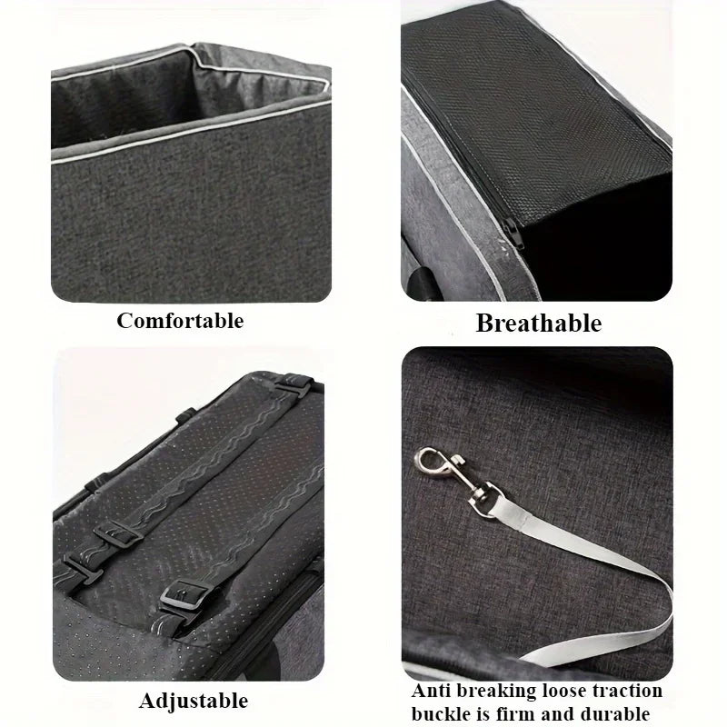 Various views of a portable pet car seat and booster bed for dogs and cats highlighting comfort, breathability, adjustability
