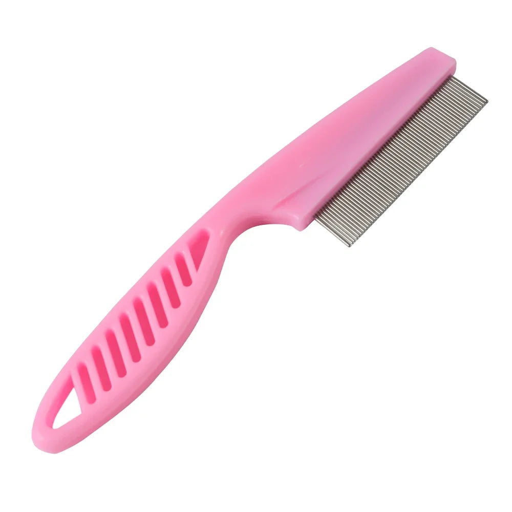 A pink dual-sided pet grooming comb with fine teeth is shown from the side.