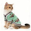 Eine kleine orangegestreifte Katze trägt einen gestrickten Pullover mit braunen und grünen Mustern.