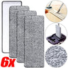 Six reusable gray microfiber mop pads shown with a cleaning tool and close-up texture detail
