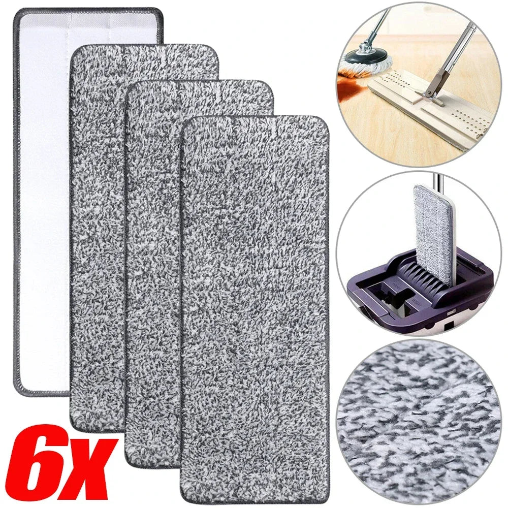 Six reusable gray microfiber mop pads shown with a cleaning tool and close-up texture detail