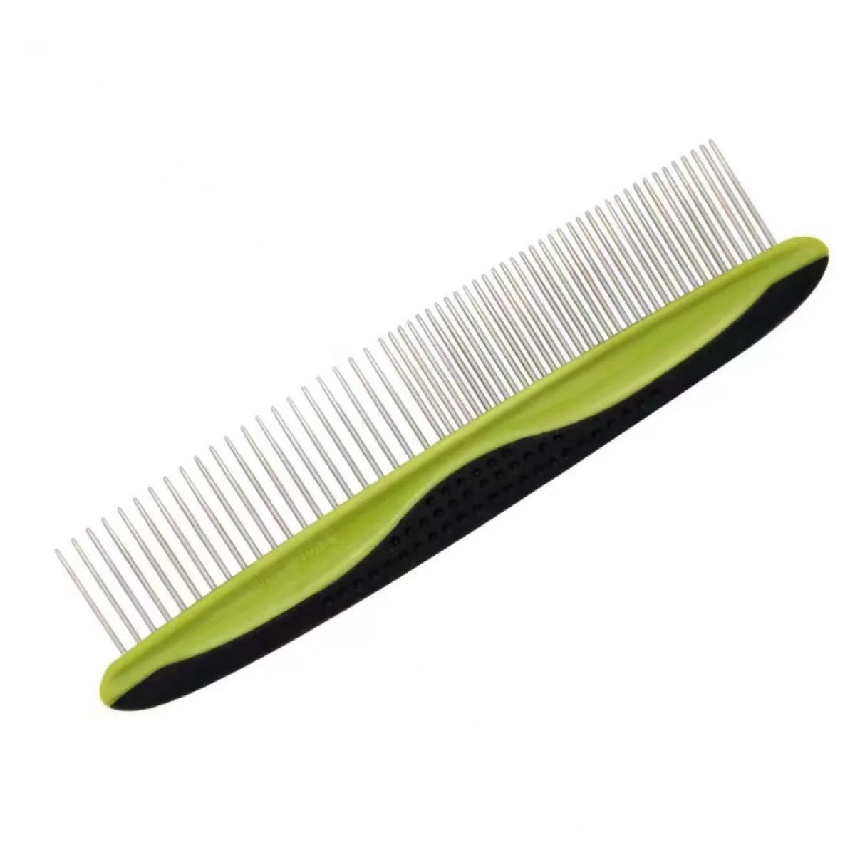 A bright lime green pet grooming brush with black handles and metal teeth, shown diagonally.