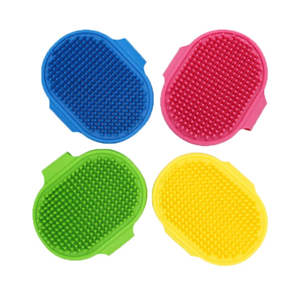 Three silicone pet grooming brushes in blue, pink, green, and yellow.