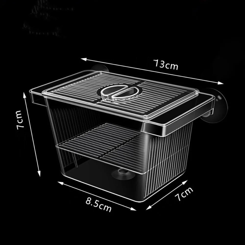 A black acrylic fish breeding incubator shown with dimensions labeled.