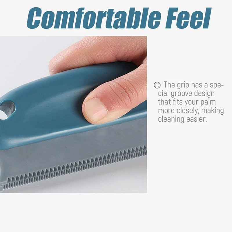 A hand is gripping a blue lint and pet hair remover brush, showing its grip design for easier cleaning.