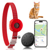 A red waterproof GPS pet tracker collar for cats and small dogs shown next to a cat and a smartphone screen.