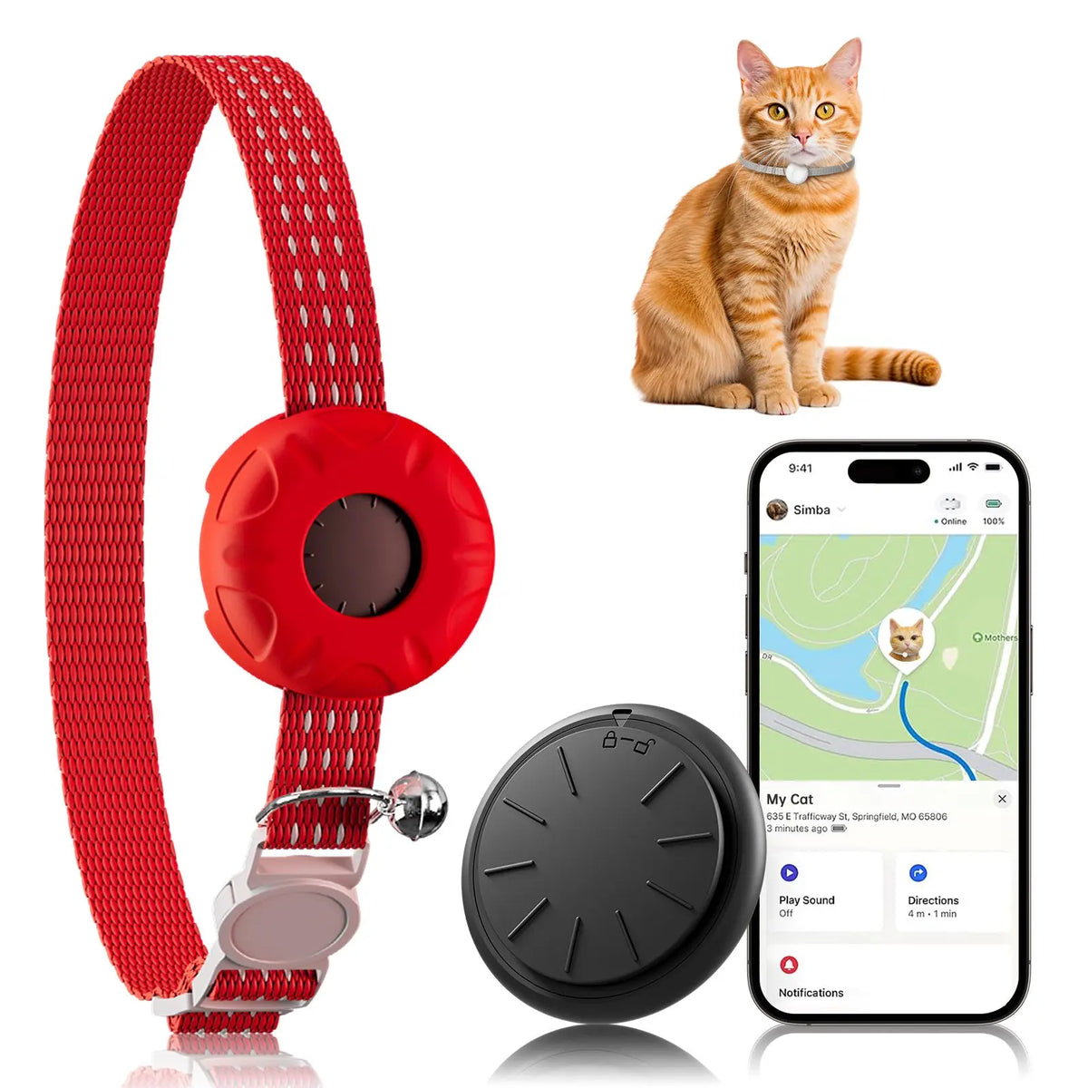 A red waterproof GPS pet tracker collar for cats and small dogs shown next to a cat and a smartphone screen.