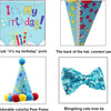 A set of pet birthday outfits featuring a blue and pink patterned fabric, colorful pom-poms, and a blue bowtie.