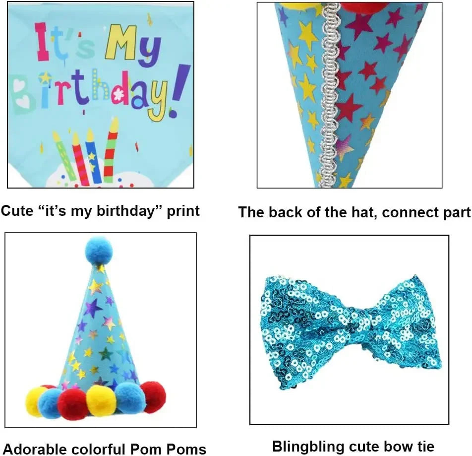 A set of pet birthday outfits featuring a blue and pink patterned fabric, colorful pom-poms, and a blue bowtie.