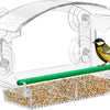 Mangeoire à oiseaux en plastique transparent avec tube vert et ventouses pour nourrir les oiseaux.