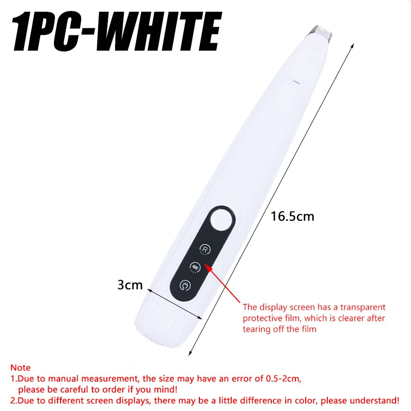 A white cordless pet hair trimmer with an LED light and LCD display shown in profile view.