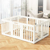 A white heavy duty pet fence cage with suction cups is placed on a wooden floor.