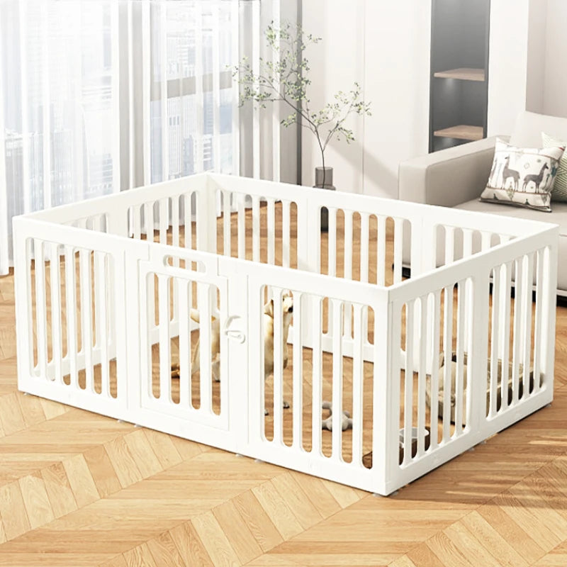 A white heavy duty pet fence cage with suction cups is placed on a wooden floor.