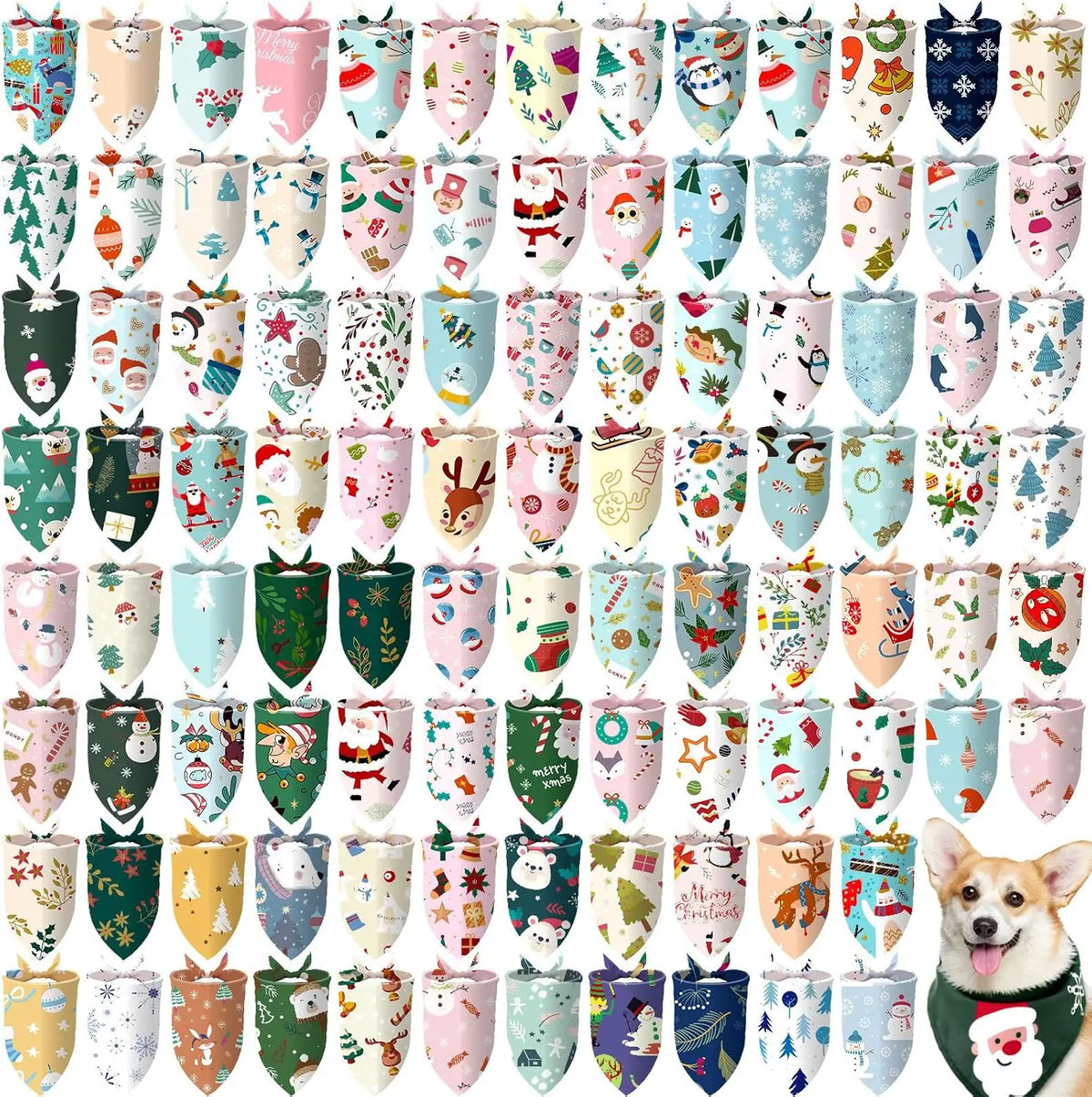 A pack of 100 dog bandanas featuring various holiday and party themed donut prints.