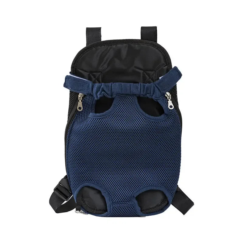 Navy blue adjustable cat and dog carrier backpack with mesh paneling