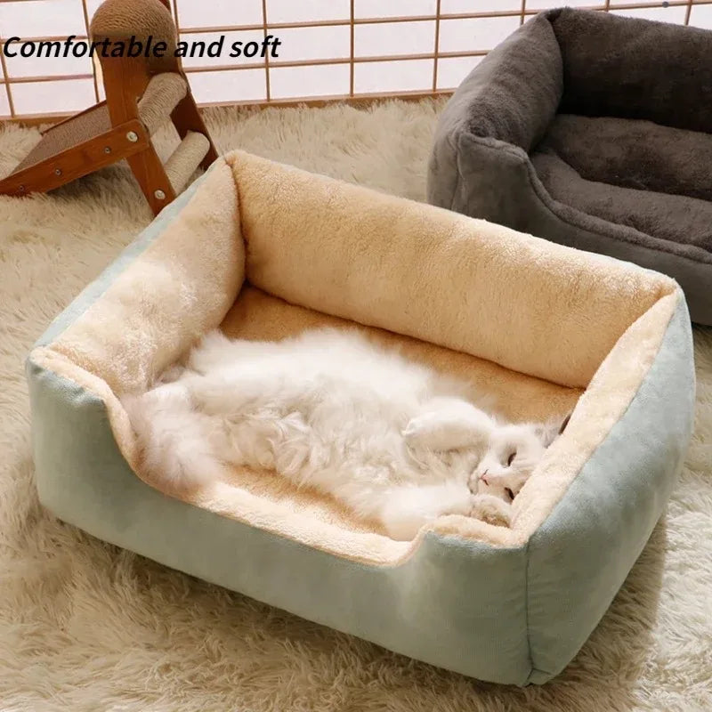 A plush, light blue cat bed with a beige cushion is shown resting on a fluffy white rug.