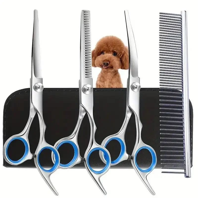 A set of stainless steel dog grooming scissors with a fluffy dog head visible in the background.