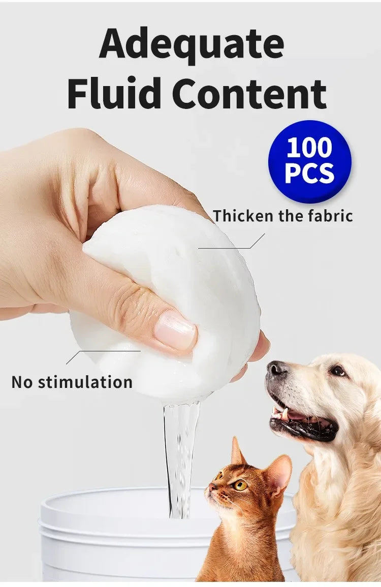 Eine Hand presst ein weißes, dickes Stoffprodukt für Augenwipes für Haustiere neben einem Hund und einer Katze.