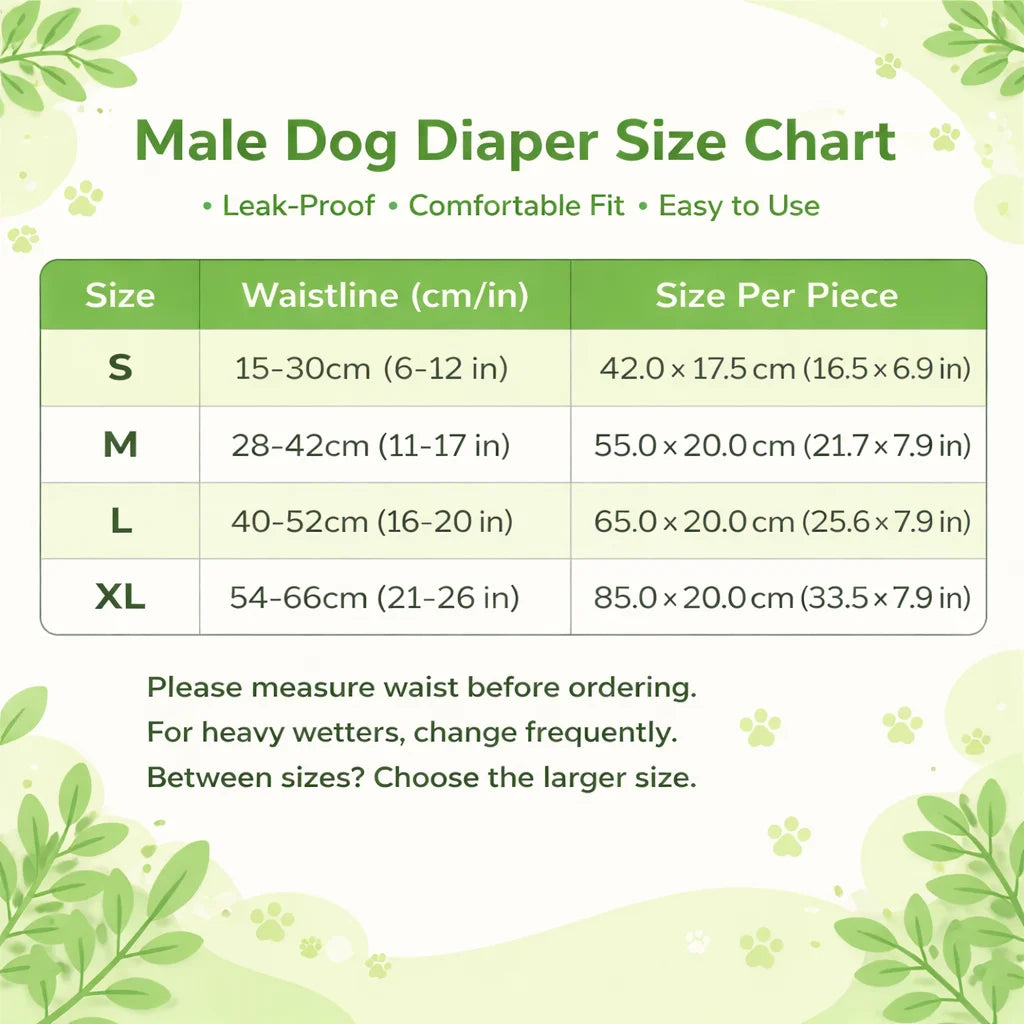 Size chart for male dog diapers showing waistline measurements for sizes S, M, L, and XL