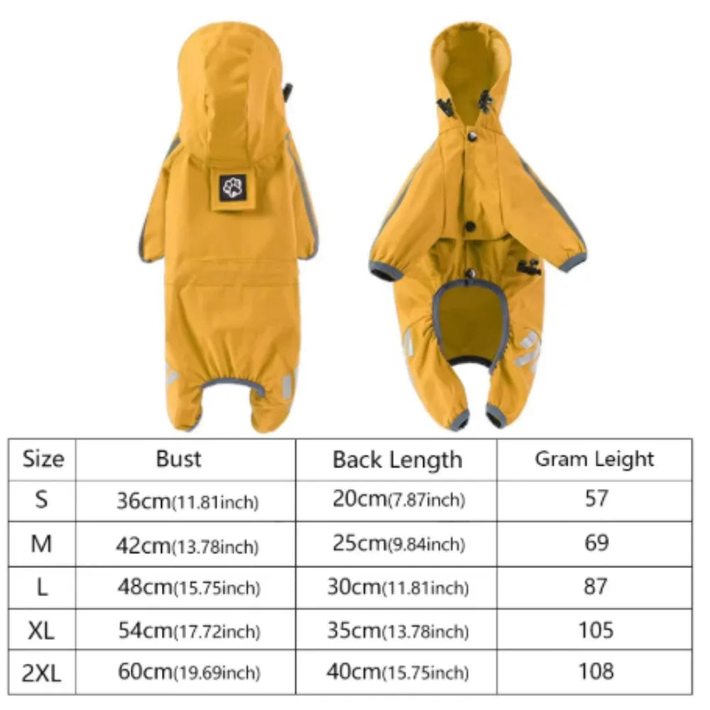 A yellow waterproof dog raincoat shown in front and back views with various sizes listed.