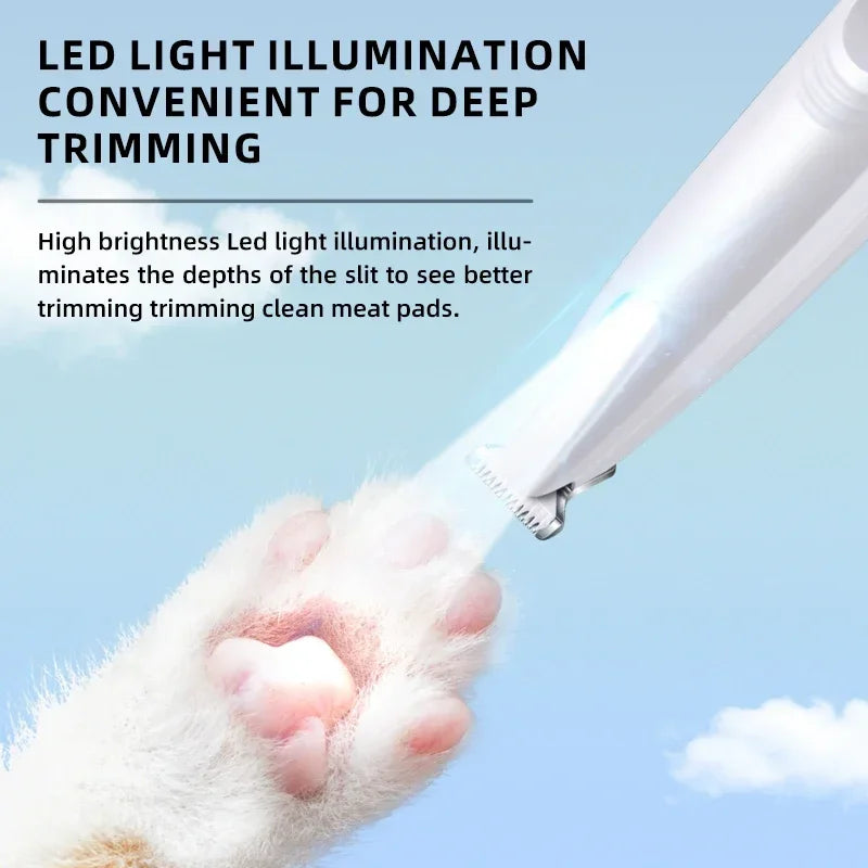 Una luz LED blanca ilumina la profundidad de la pata de una mascota durante el recorte.