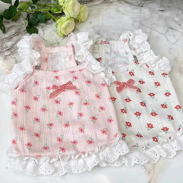 Pink and white floral print vest for a dog or cat with lace trim