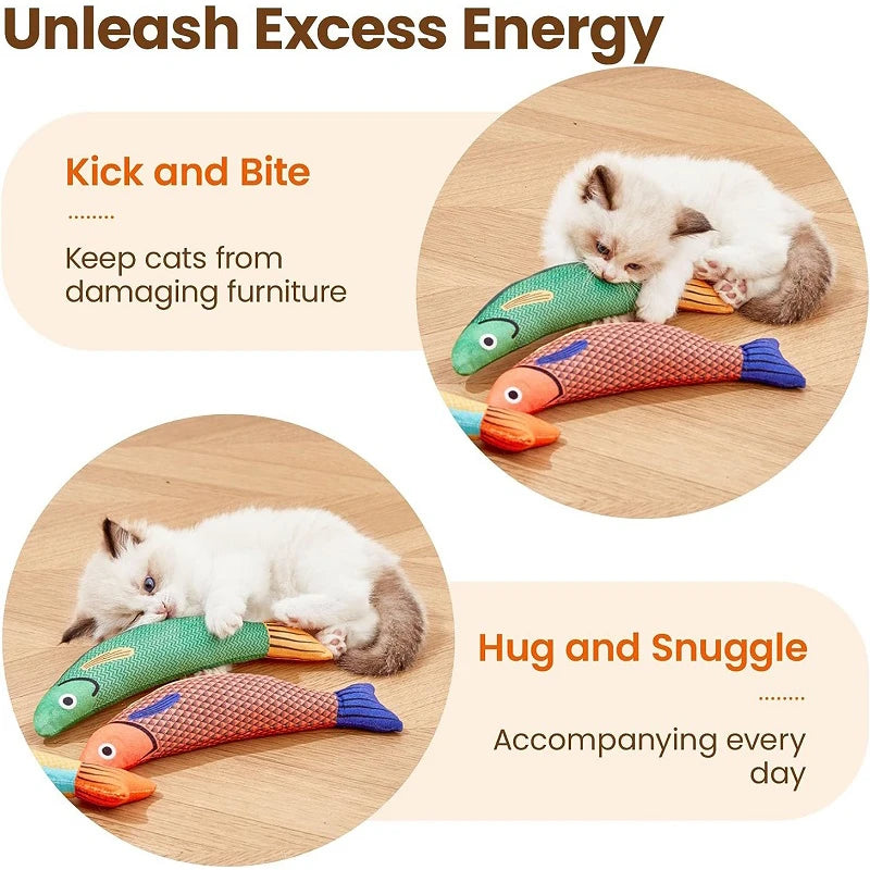 A set of three lifelike 3D catnip fish plush toys in green, red, and blue are shown for cats.