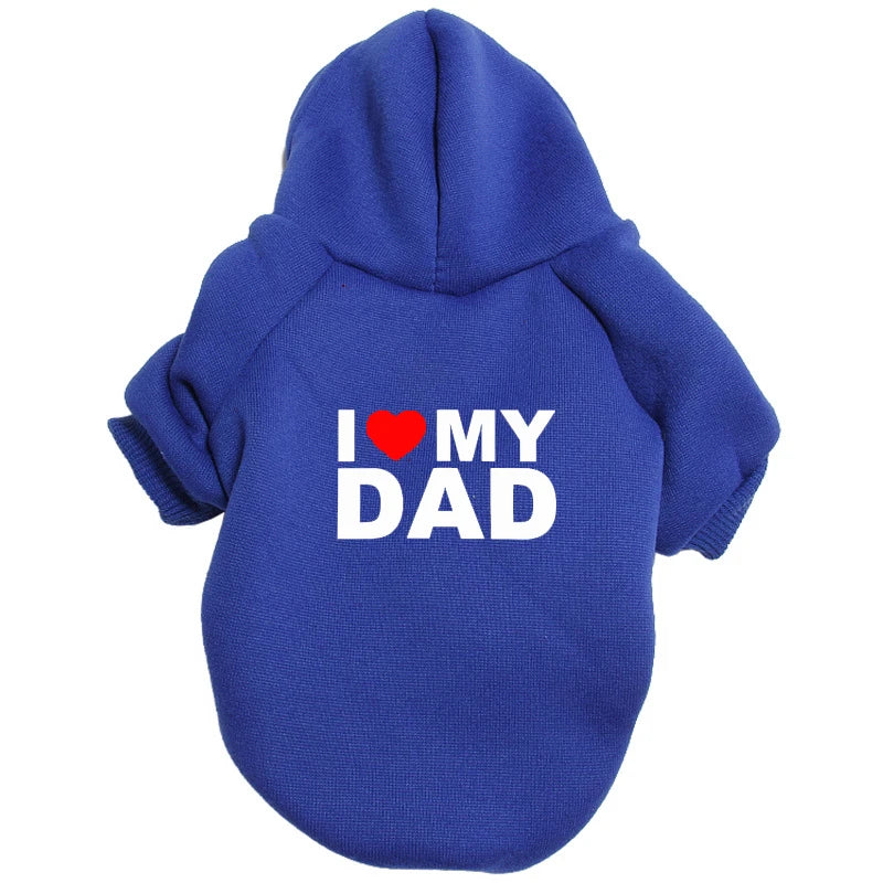A royal blue plush coat with a hood featuring the text I love my dad.