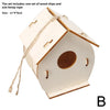 A light-colored wooden bird house kit including wood chips and a hemp rope, shown from above.