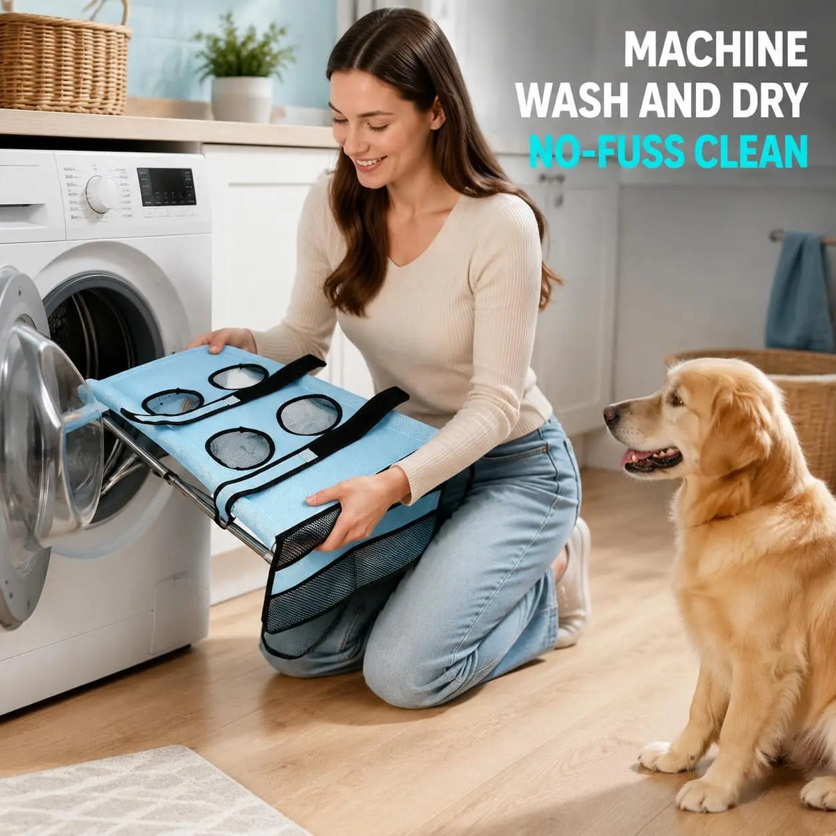 A woman is using a pet grooming hammock with a stand for nail trimming on a washing machine.