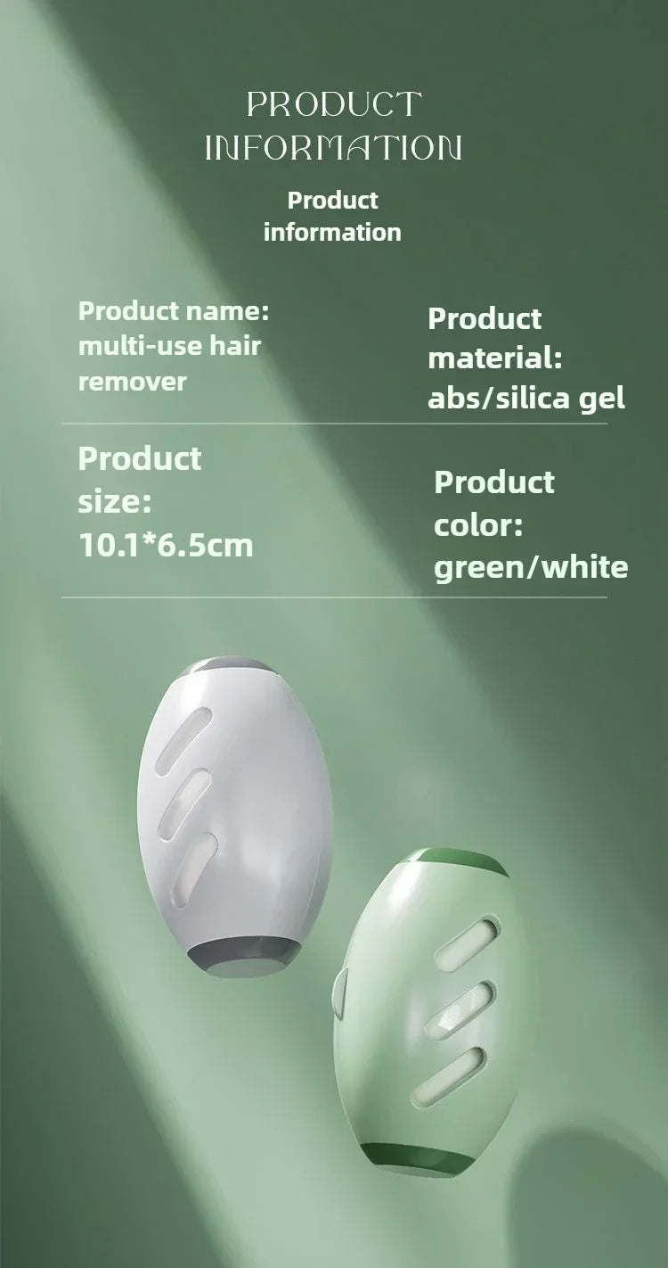A green and white multi-use hair remover tool shown in a close-up view.
