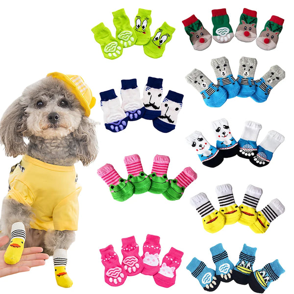 A collection of anti-scratch cotton pet socks in various colors and patterns for small dogs and cats