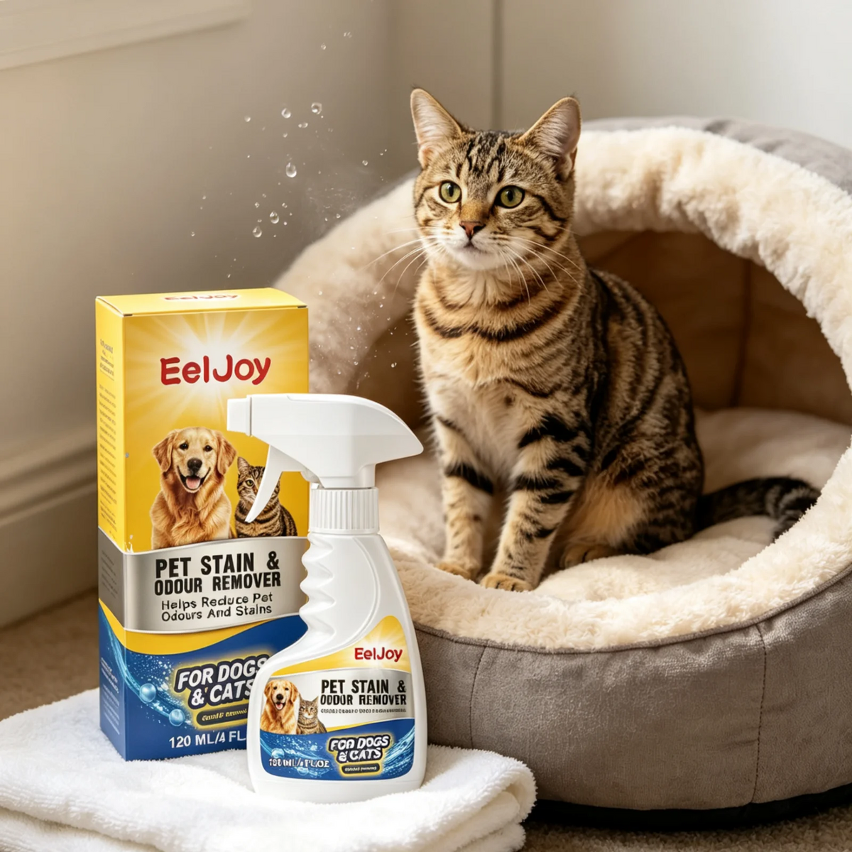 A tabby cat sits inside a beige pet stain and odor remover spray bottle with a white sponge on a white towel.