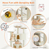 A multi-level cat tree tower featuring various entertainment options like a dangling ball, swing, and hunting features.