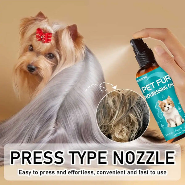 A hand is applying a drop of Pet Fur Nourishing Oil onto a press type nozzle for pet fur care.