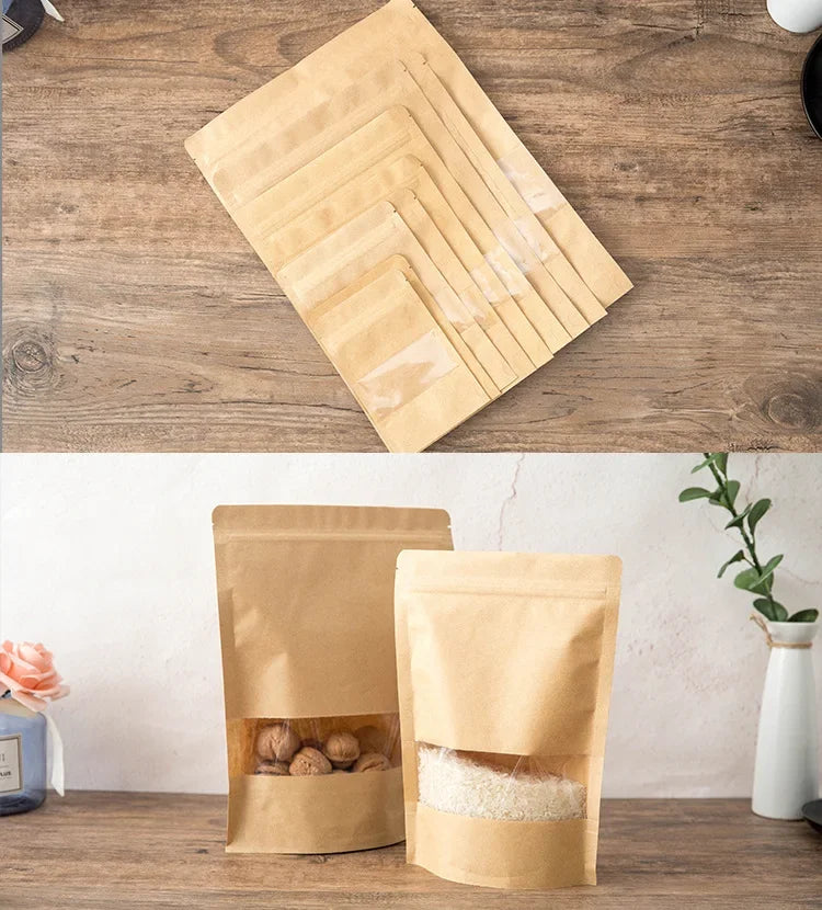 Several reusable kraft paper zipper bags filled with food items are displayed on a wooden surface.