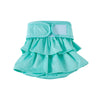 Light turquoise reusable washable dog diapers with ruffled fabric and a white accent patch