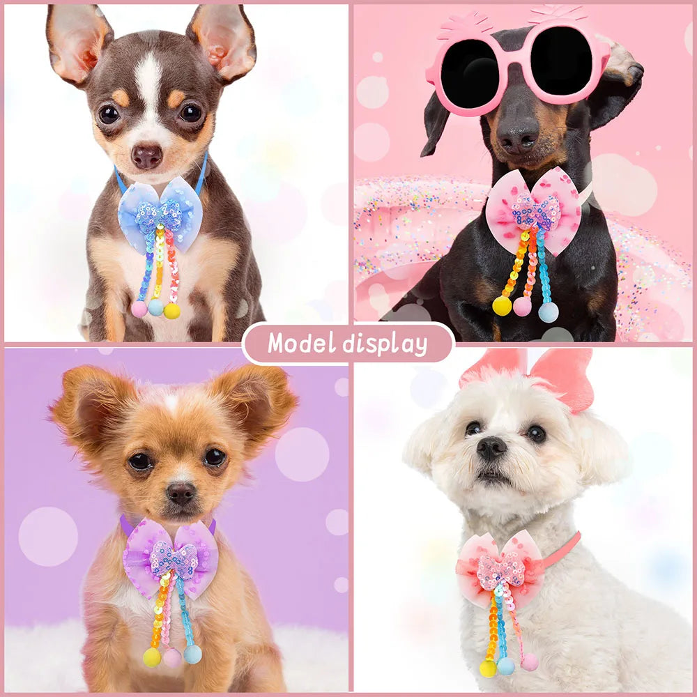 Four images displaying adorable lace bowtie collar accessories for small dogs and cats.
