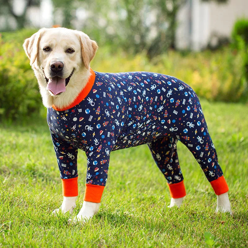 A golden Labrador wearing a navy blue cartoon print cotton pajama suit with orange trim, standing in green grass.
