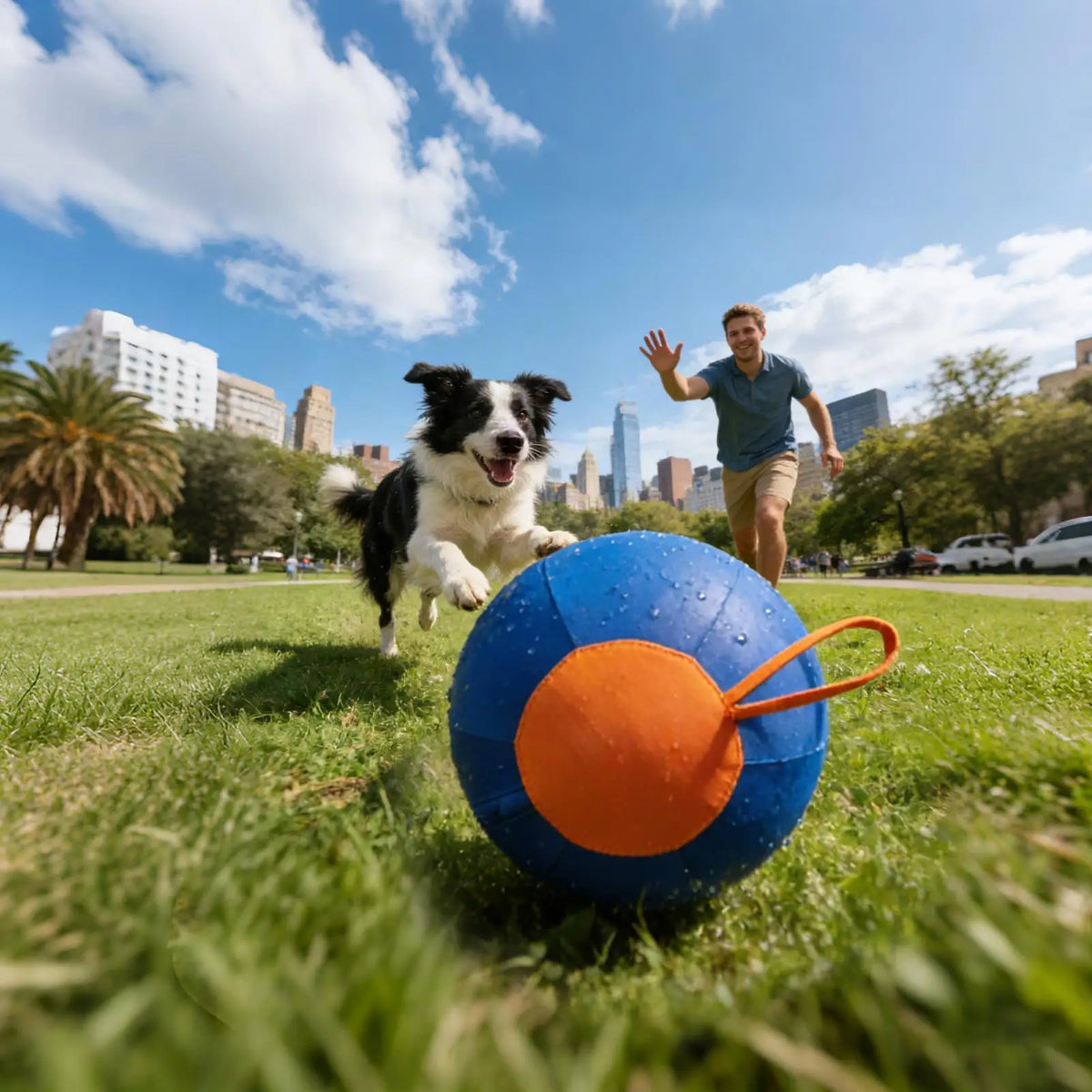 A man is throwing a blue and orange ball to a happy dog in a grassy park under a blue sky.