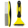 A yellow and black 2-in-1 pet detangler comb and grooming brush with metal teeth.