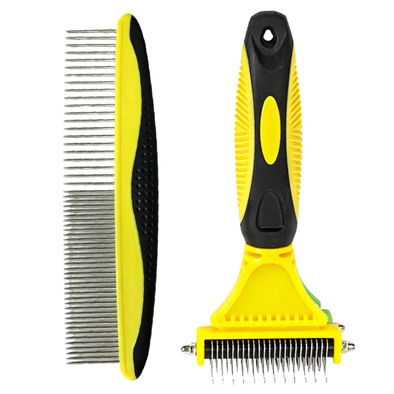 A yellow and black 2-in-1 pet detangler comb and grooming brush with metal teeth.