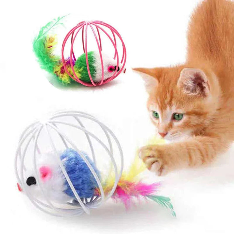 An interactive cat toy featuring a rolling mouse inside a pink wire cage and a white sand chamber.