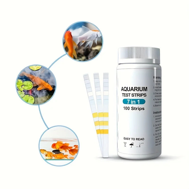 Un frasco de tiras de prueba AQUARIUM para análisis de calidad del agua, junto a peces y muestras de plantas coloridas.
